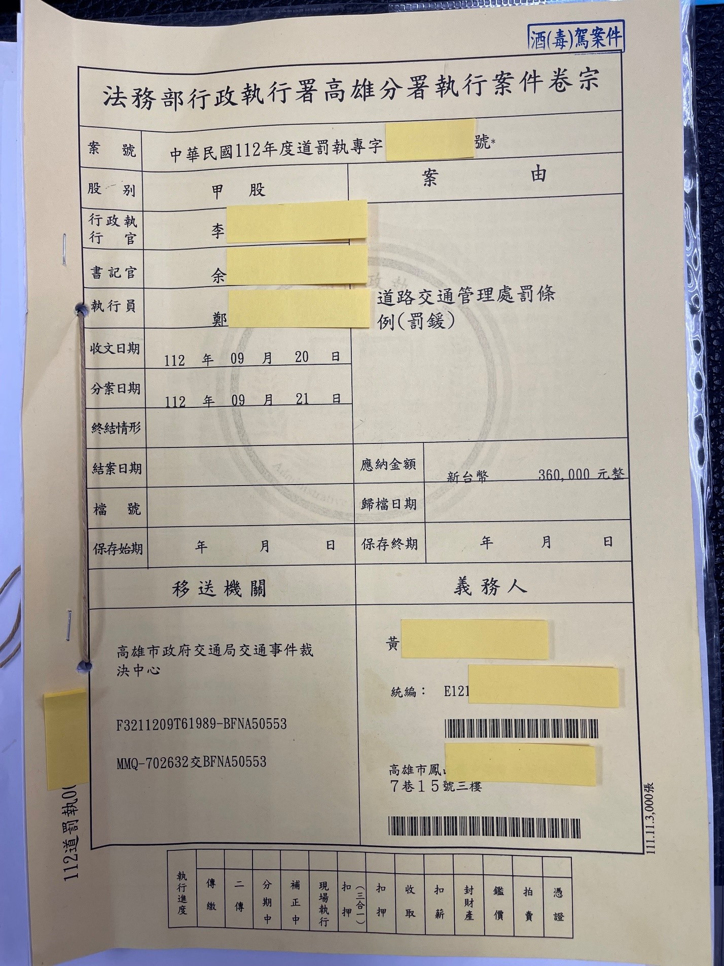 圖片一 酒駕黃姓義務人36萬罰單被移送行政執行案件